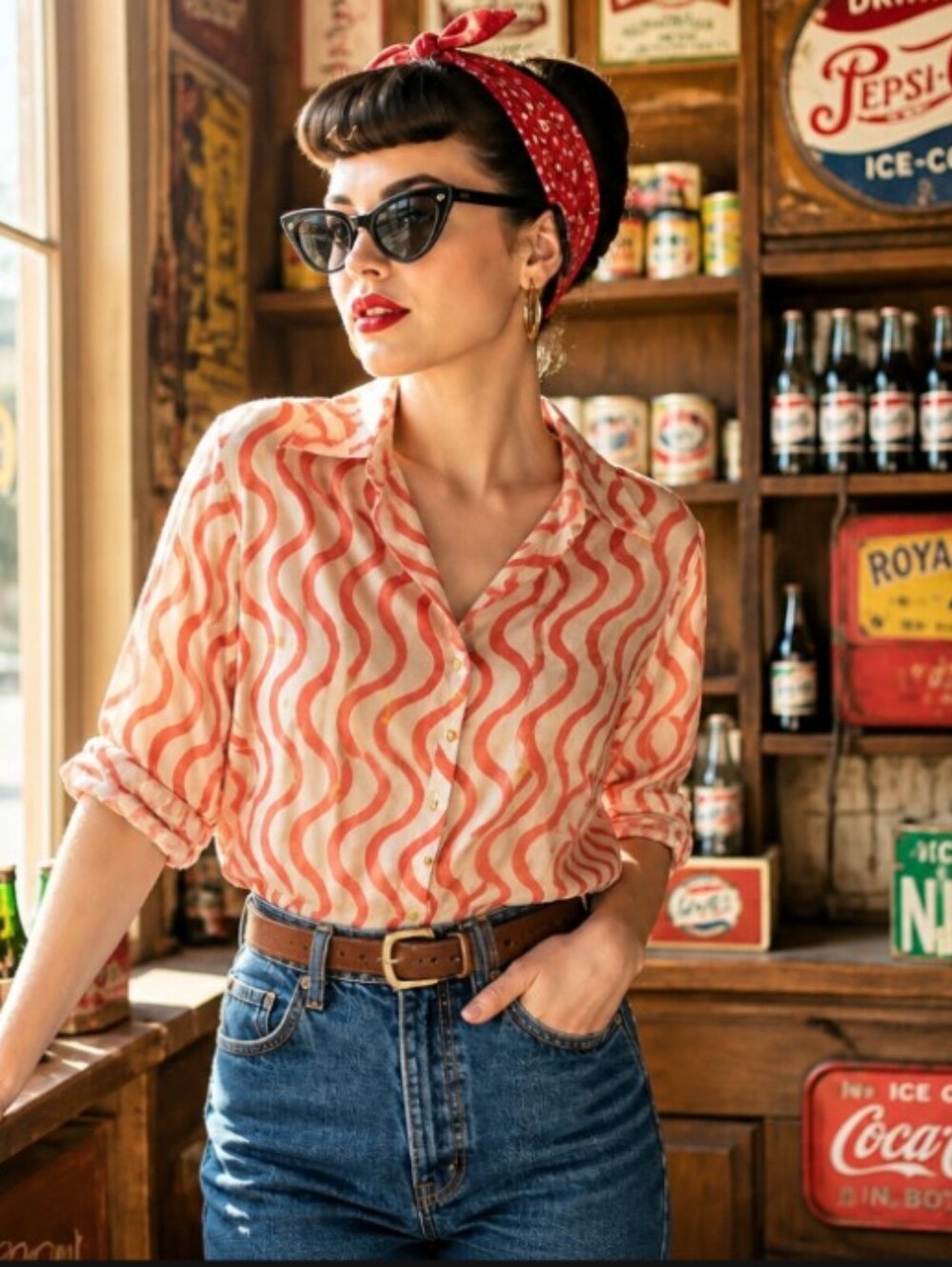 Parker Coral-White Wave Stripe Button Front Shirt